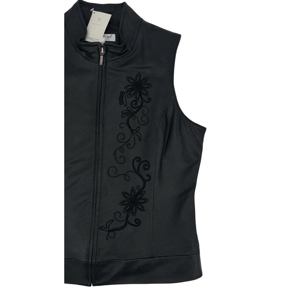 NEW Coldwater Creek Womens Leather Vest Black Small Embroidered Accents Full Zip